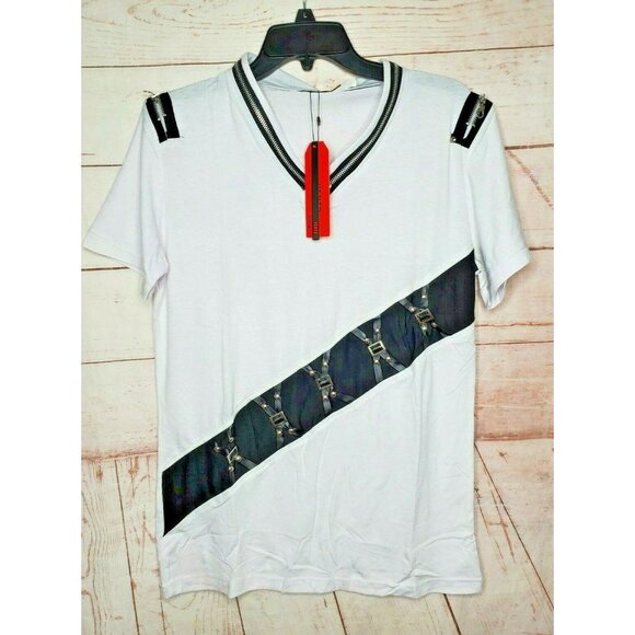 Rare Vento Vassari XL White Zipper Design Short Sleeve Hook Waist Shirt - Picture 1 of 10